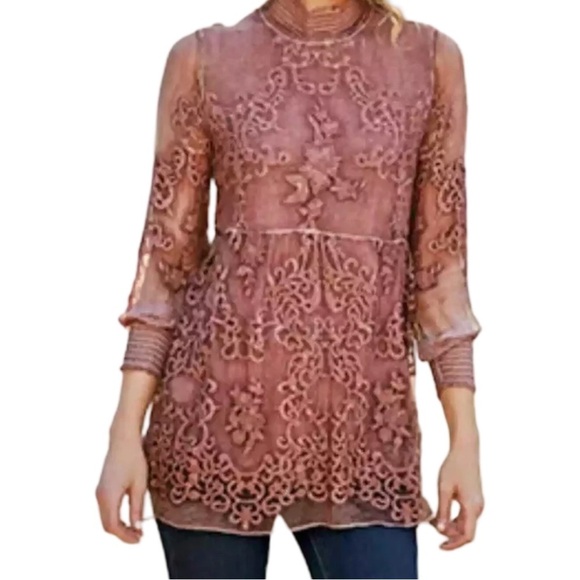 Soft Surroundings Silk Tunic Blouse 
 Size M Embroidered mock  Neck Dusty Rose - Picture 1 of 10